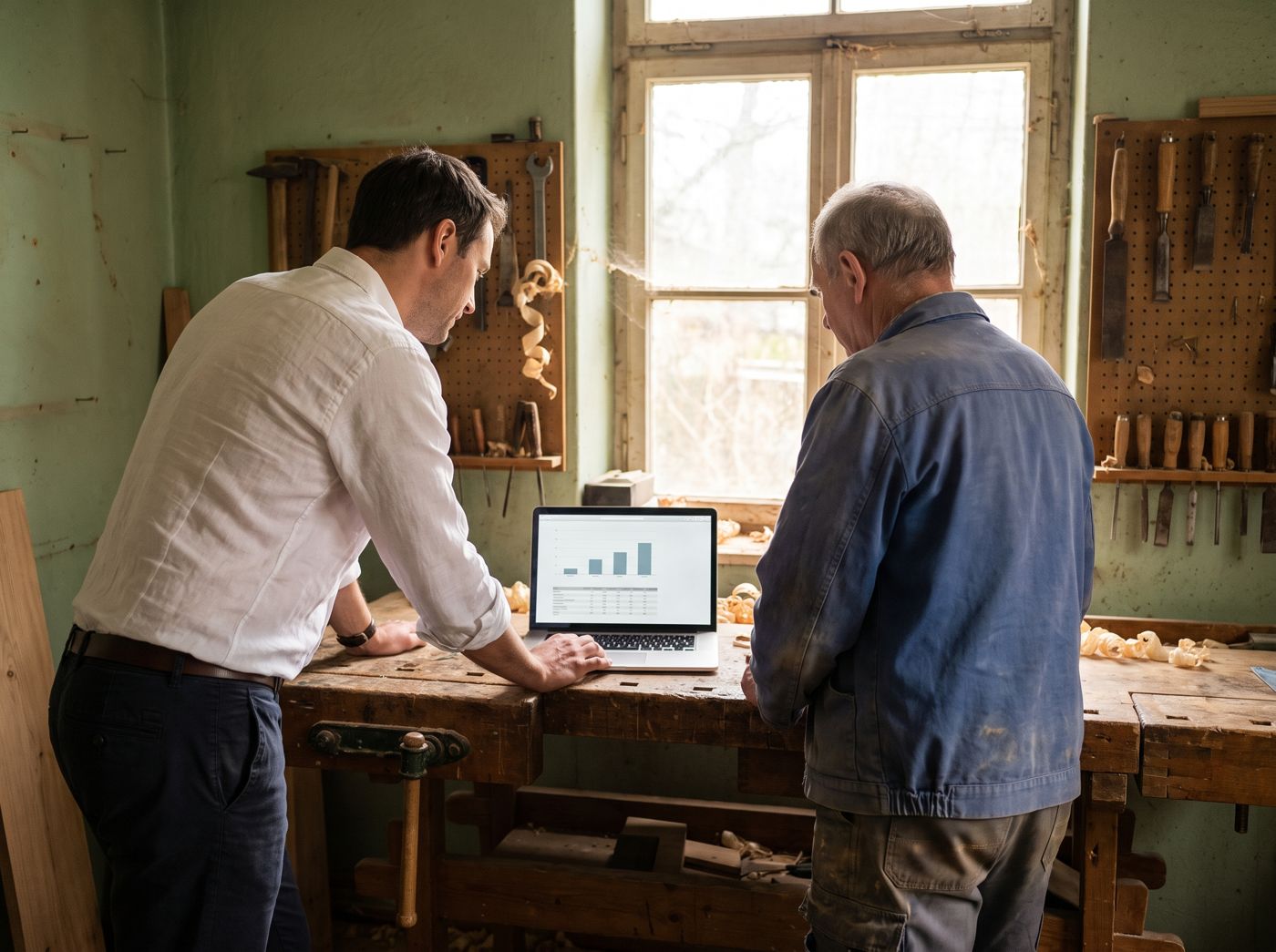 Berater und Handwerksmeister schauen gemeinsam auf einen Laptop in einer Schreinerwerkstatt