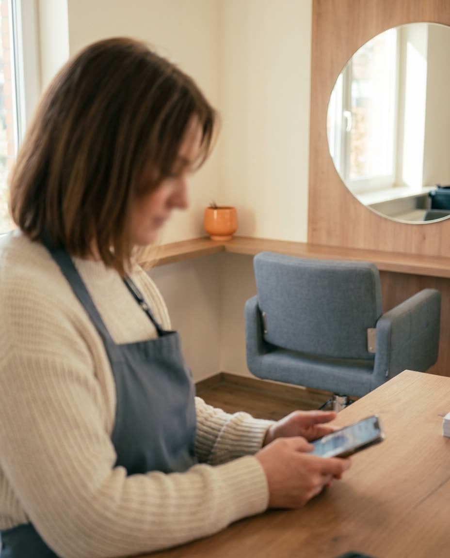 Friseurin tippt am Empfang ihres Salons auf dem Handy