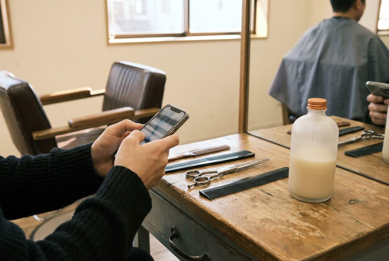 Hände mit Handy neben Schere und Kämmen auf dem Salontresen
