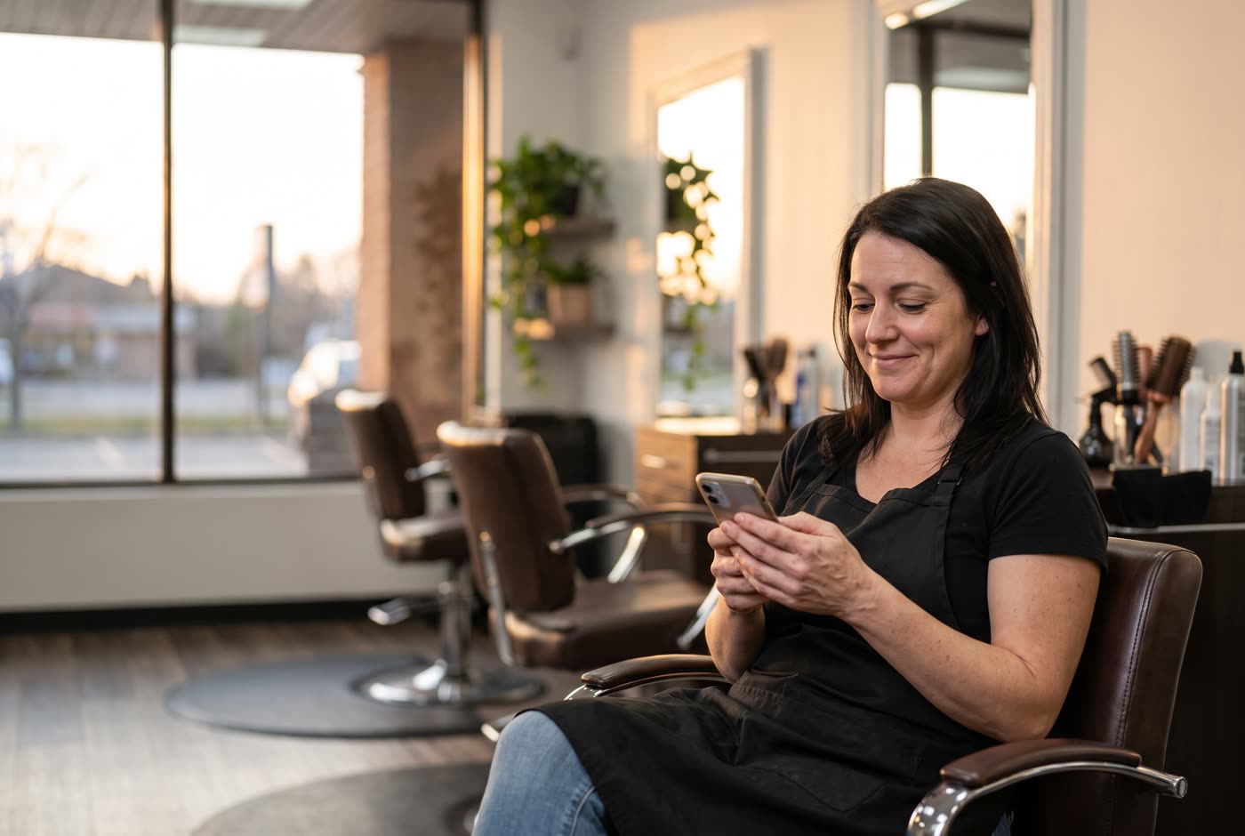 Friseurin sitzt nach Ladenschluss in ihrem Salon und liest lächelnd auf dem Handy