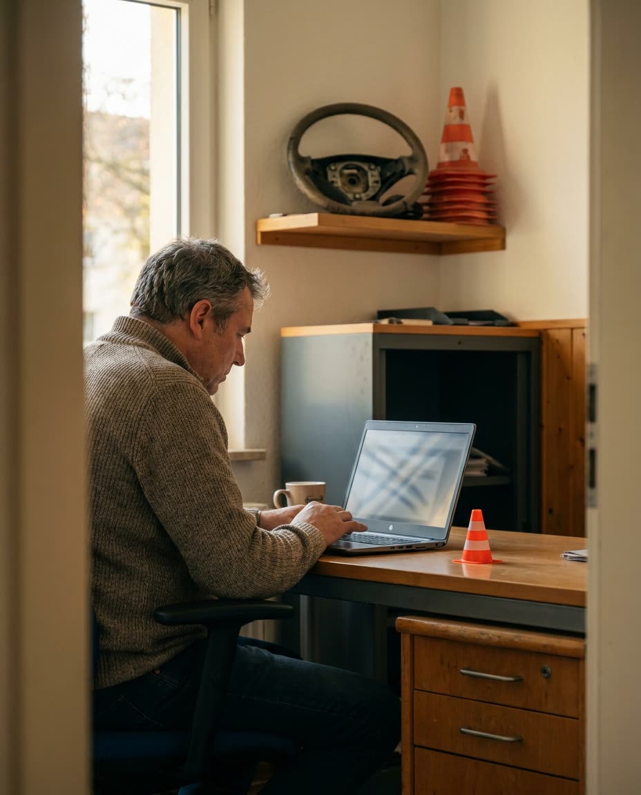 Fahrlehrer schreibt im Büro der Fahrschule am Laptop