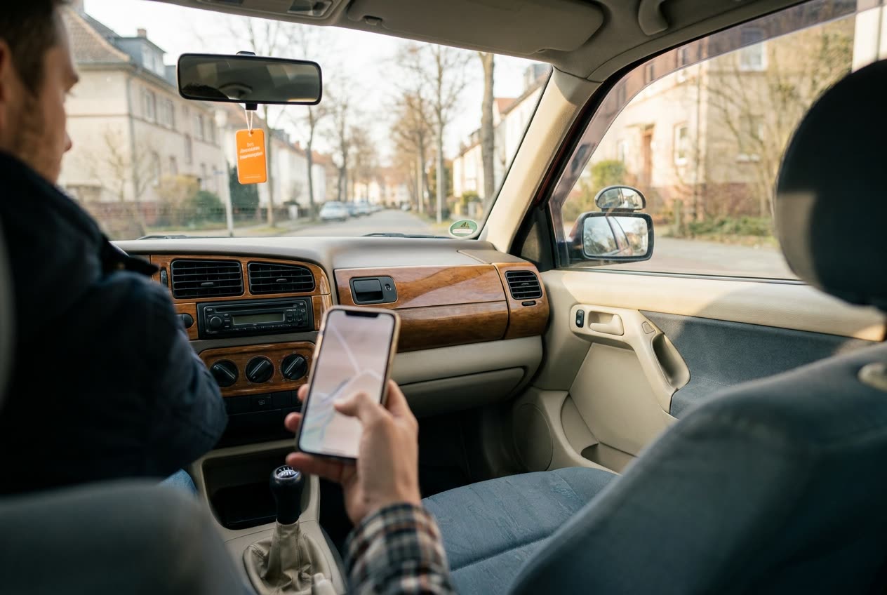 Fahrlehrer liest im geparkten Fahrschulauto eine Nachricht auf dem Handy