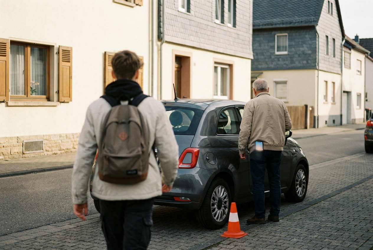 Fahrschüler geht auf der Straße zum wartenden Fahrlehrer und Auto
