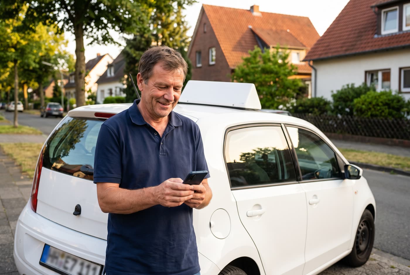 Fahrlehrer lehnt nach Feierabend am Fahrschulauto und liest lächelnd auf dem Handy