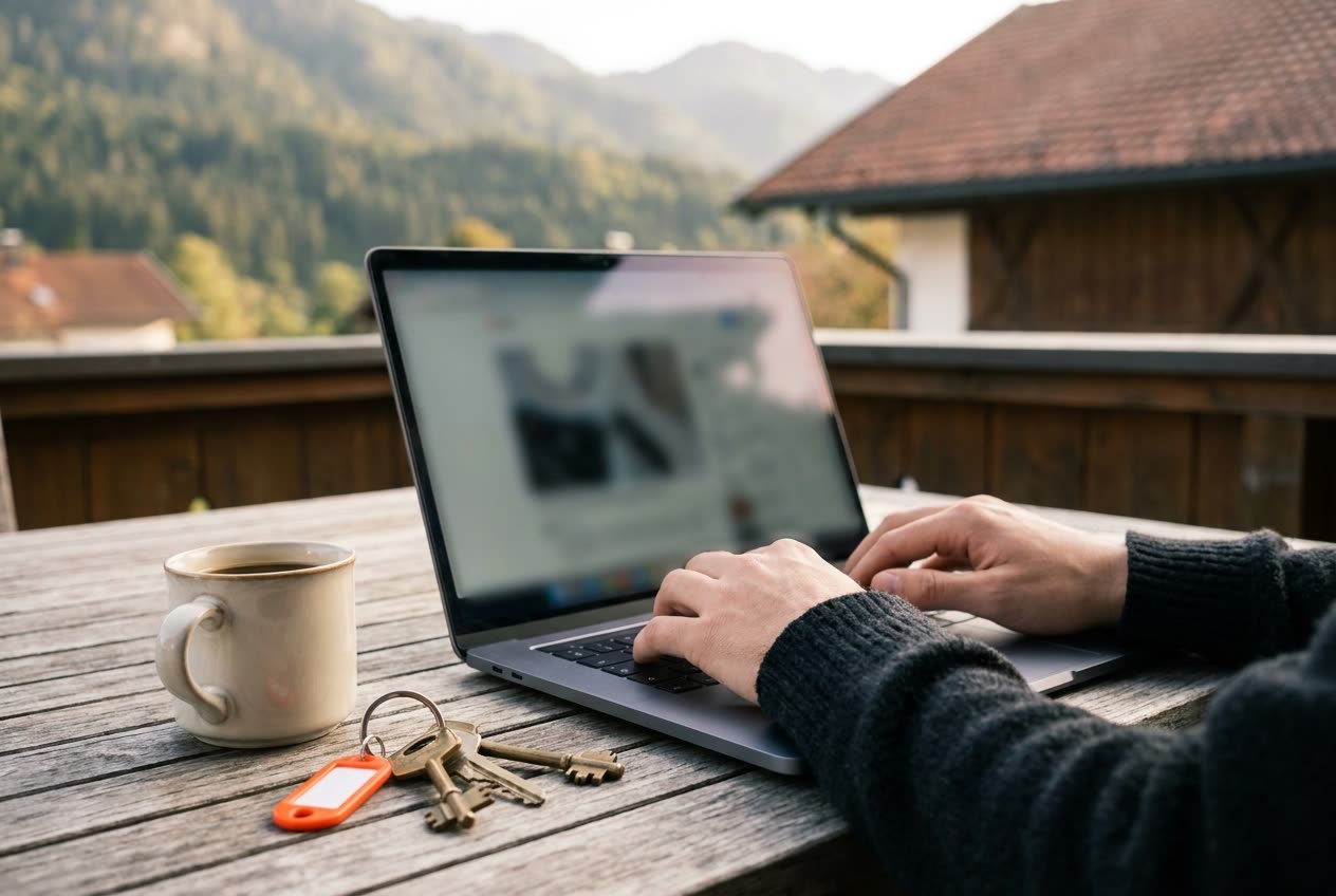 Hände am Laptop auf der Terrasse einer Pension, im Hintergrund Berge