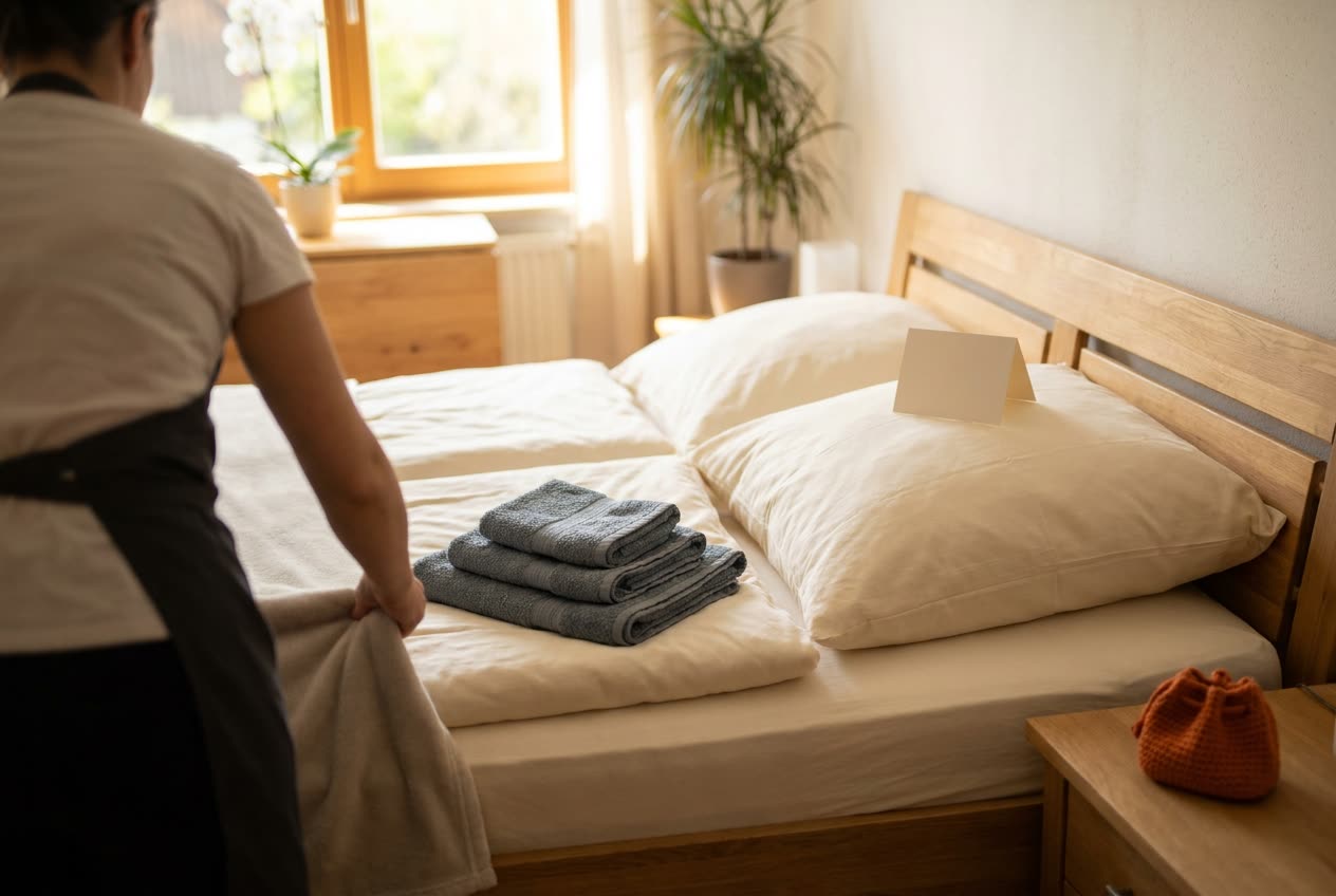 Frisch bezogenes Bett mit Handtüchern in einer hellen Ferienwohnung