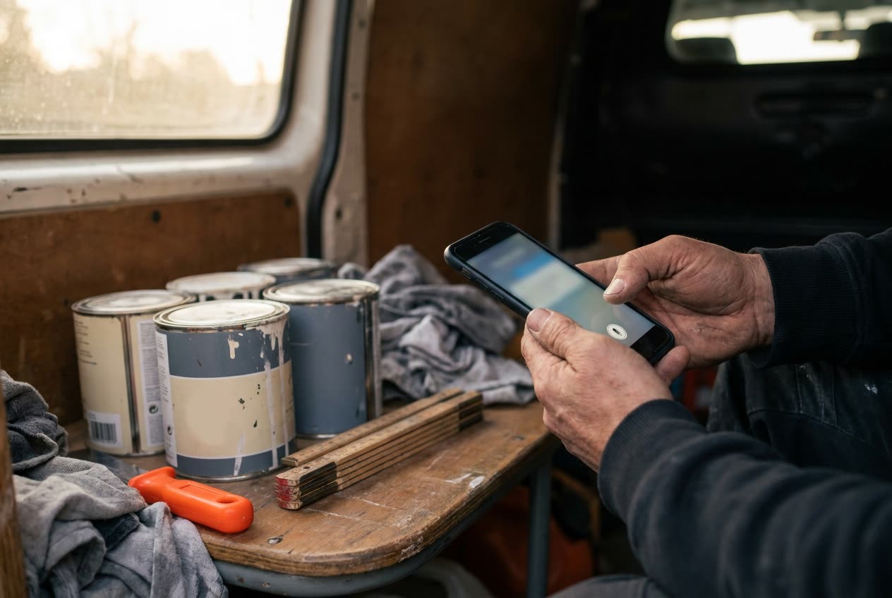 Handwerker spricht im Werkstattwagen eine Sprachnotiz ins Handy