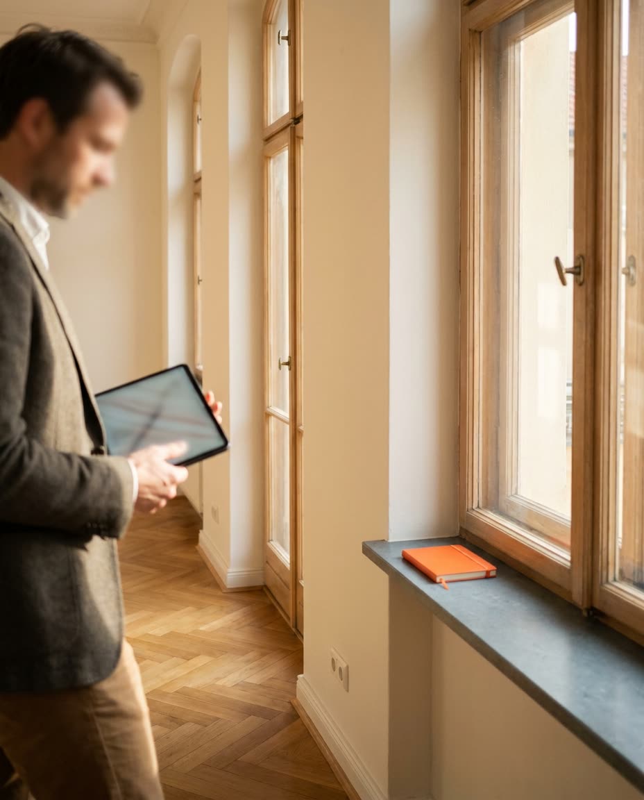Maklerin mit Tablet bei einer Besichtigung in einer hellen Altbauwohnung