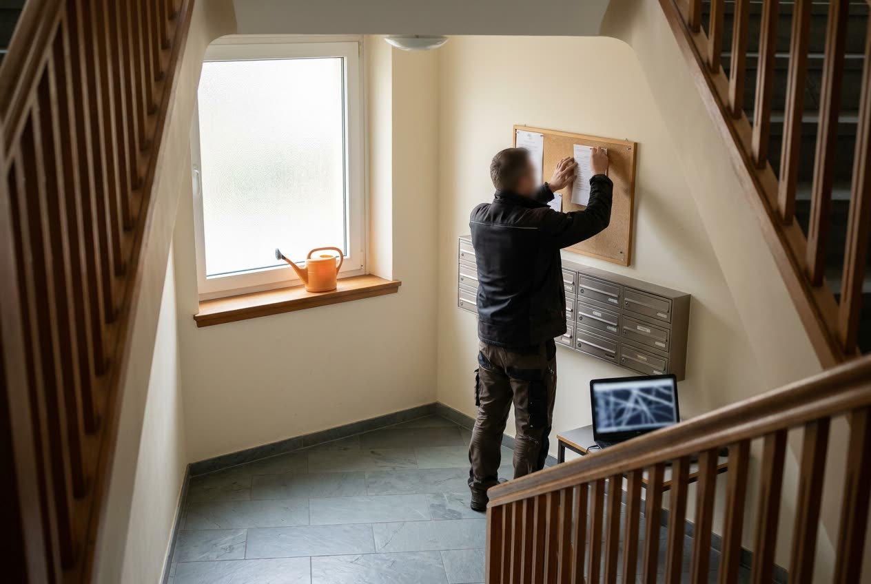 Hausverwalter hängt im Treppenhaus einen Aushang auf