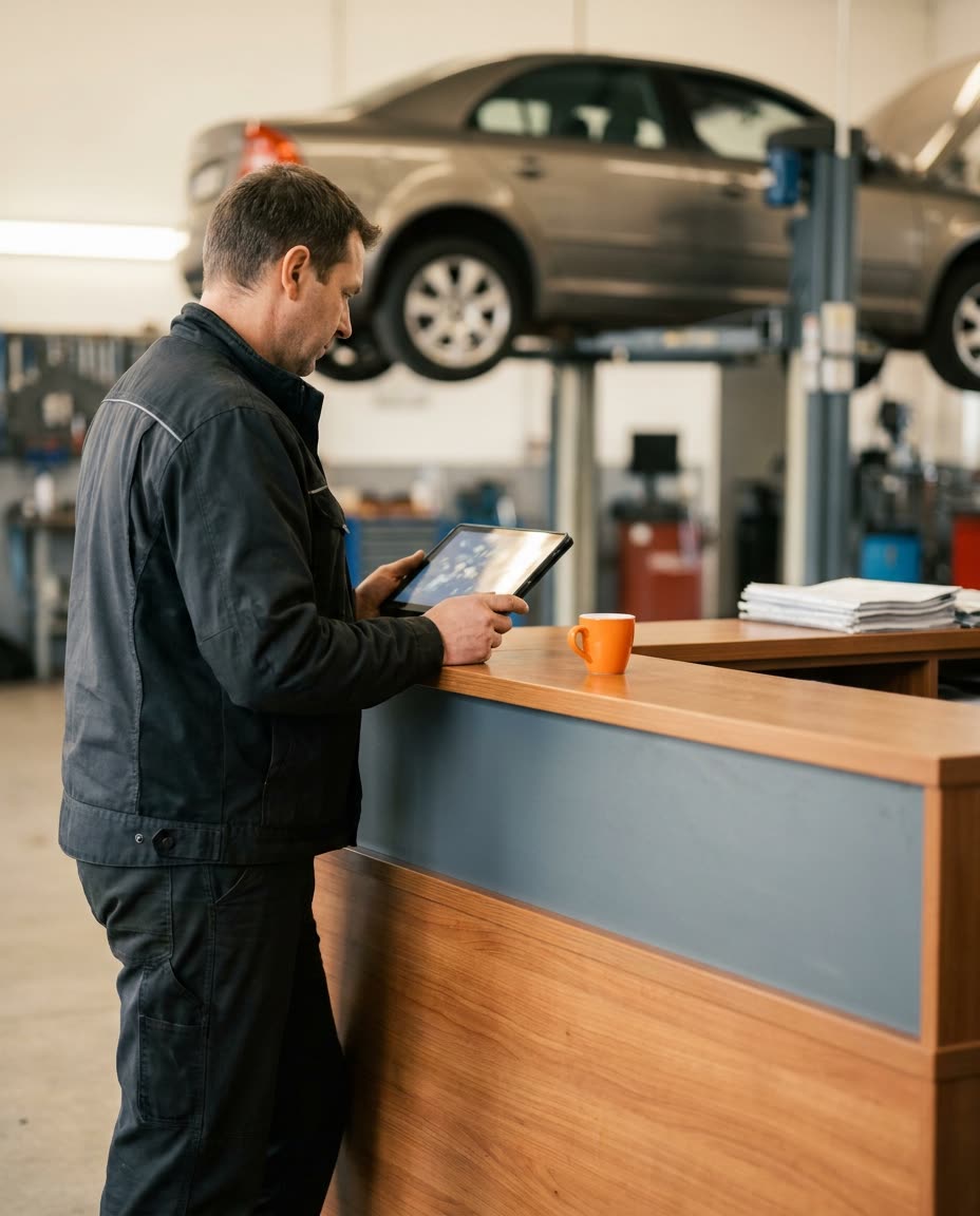 Kfz-Meister am Empfangstresen der Werkstatt mit Tablet