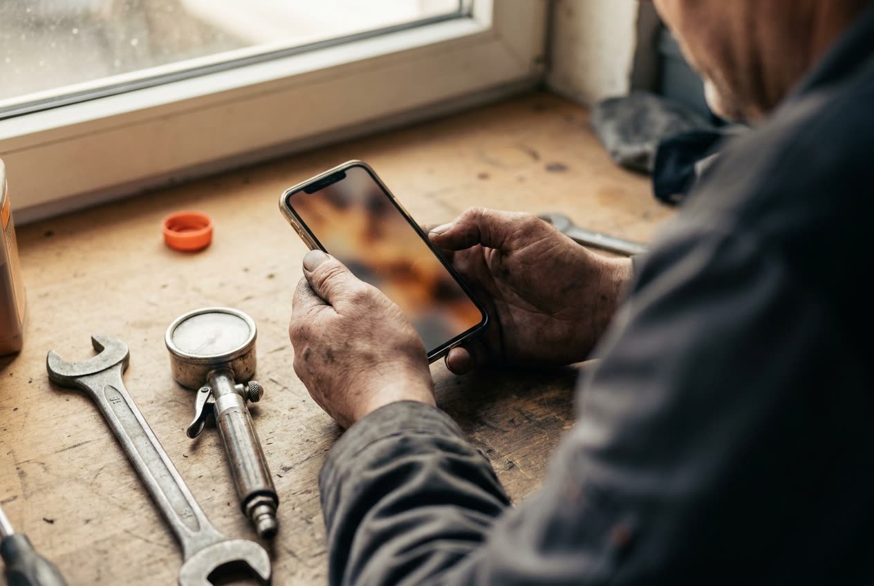 Hände eines Mechanikers mit Handy neben Werkzeug auf der Werkbank