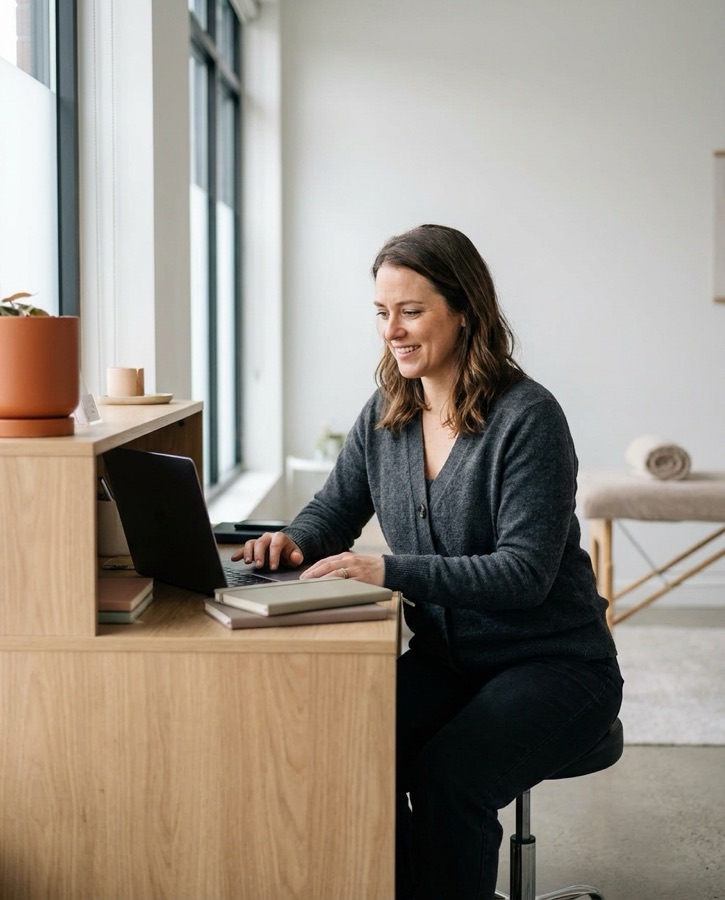 Physiotherapeutin beantwortet am Empfang ihrer Praxis Anfragen am Laptop